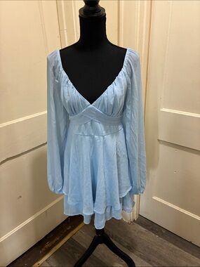 Crystal Doll Pale Blue Sheer Long Sleeve V-Neck Tunic